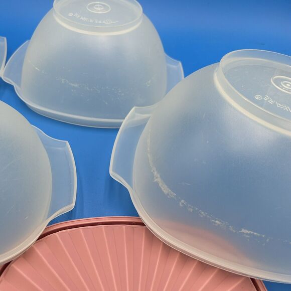 Vintage Tupperware Servalier Bowls Set 4 Sunburst Lid Seal Pink Aqua Almond Blue - Picture 10 of 16